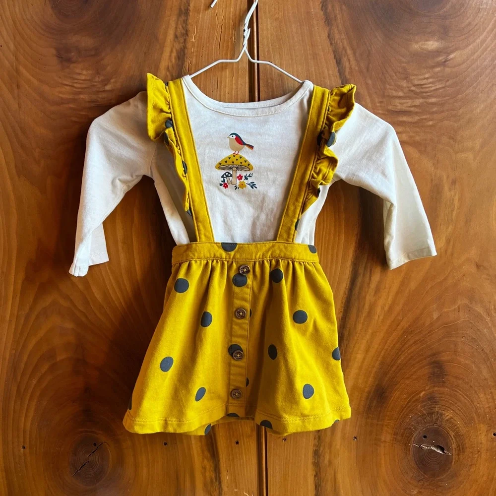 NWOT Wonder nation bird and mushroom, yellow polka dot overall pinafore dress.